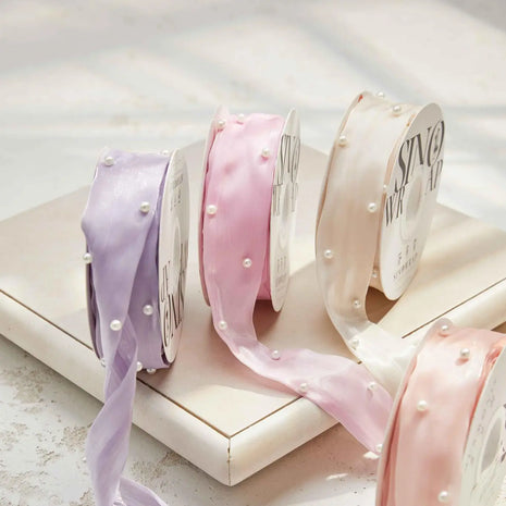 Pearl Studded Silk Ribbon - Beige (9 meters) Prismribbons