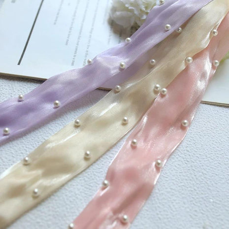 Pearl Studded Silk Ribbon - Beige (9 meters)