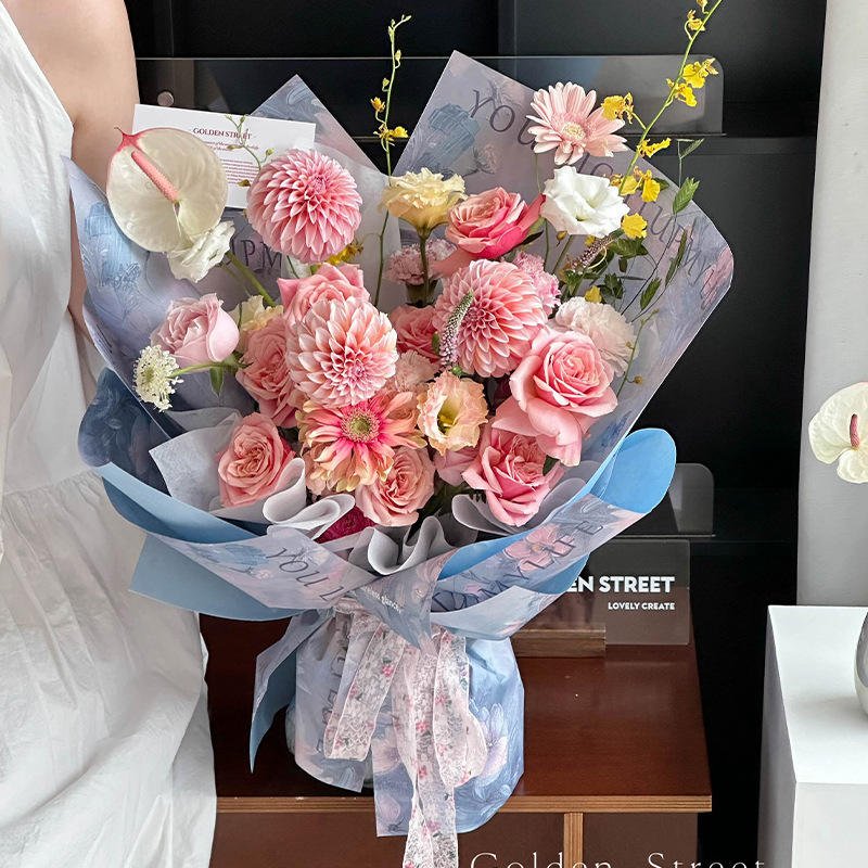 Floral Bouquet Wrapping paper - 10 sheets - Sky Blue - Prismribbons