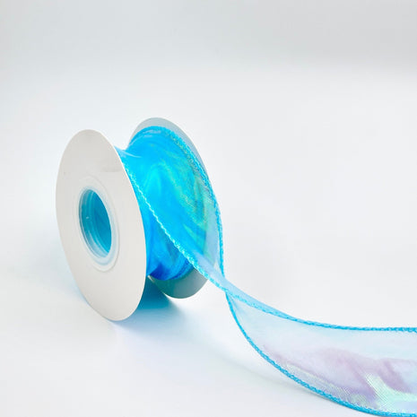 Iridescent Wavy Organza Ribbon – 1.5 inch - 9 Meters - Blue - Prismribbons