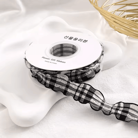 Plaid Crumpled Ribbon (1 inch) (9 Meters) - Black - Prismribbons