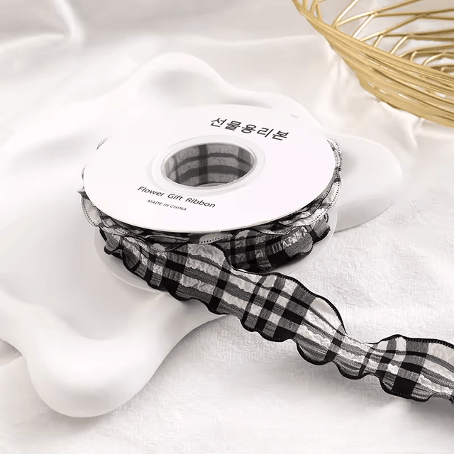Plaid Crumpled Ribbon (1 inch) (9 Meters) - Black - Prismribbons