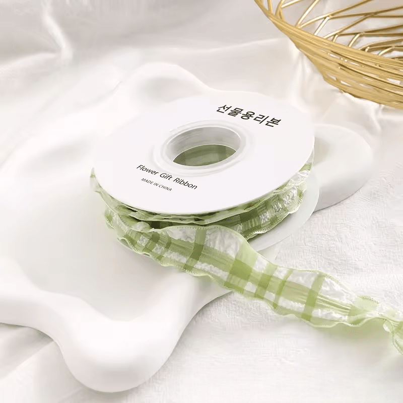 Plaid Crumpled Ribbon (1 inch) (9 Meters) - Sage Green - Prismribbons