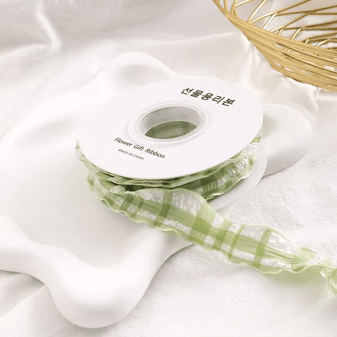 Plaid Crumpled Ribbon (1 inch) (9 Meters) - Sage Green - Prismribbons