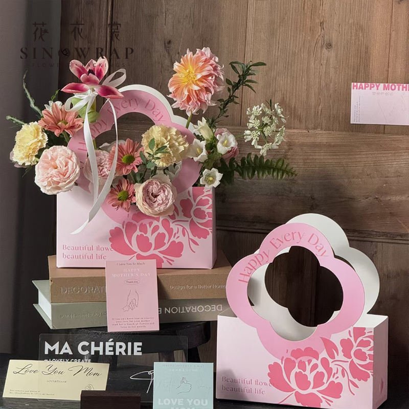 Portable Pink Rectangle Floral Design Gift/Flower Bag (Pack of 5) - Prismribbons