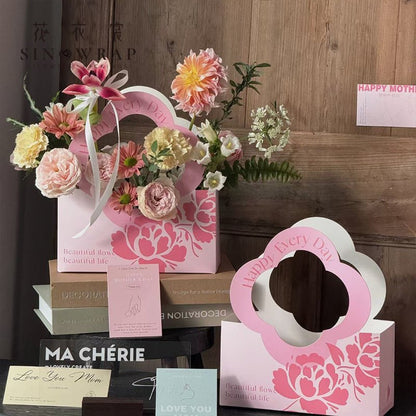 Portable Pink Rectangle Floral Design Gift/Flower Bag (Pack of 5) - Prismribbons